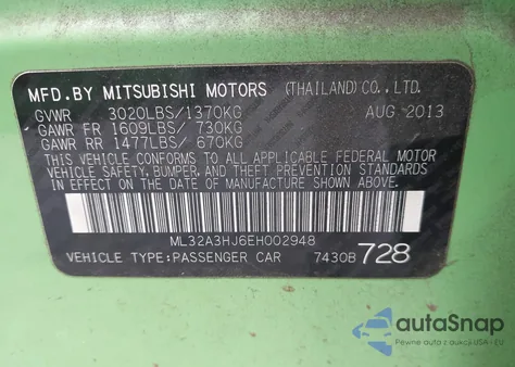 2014 Mitsubishi Mirage De z USA, uszkodzony, nr VIN ML32A3HJ6EH002948